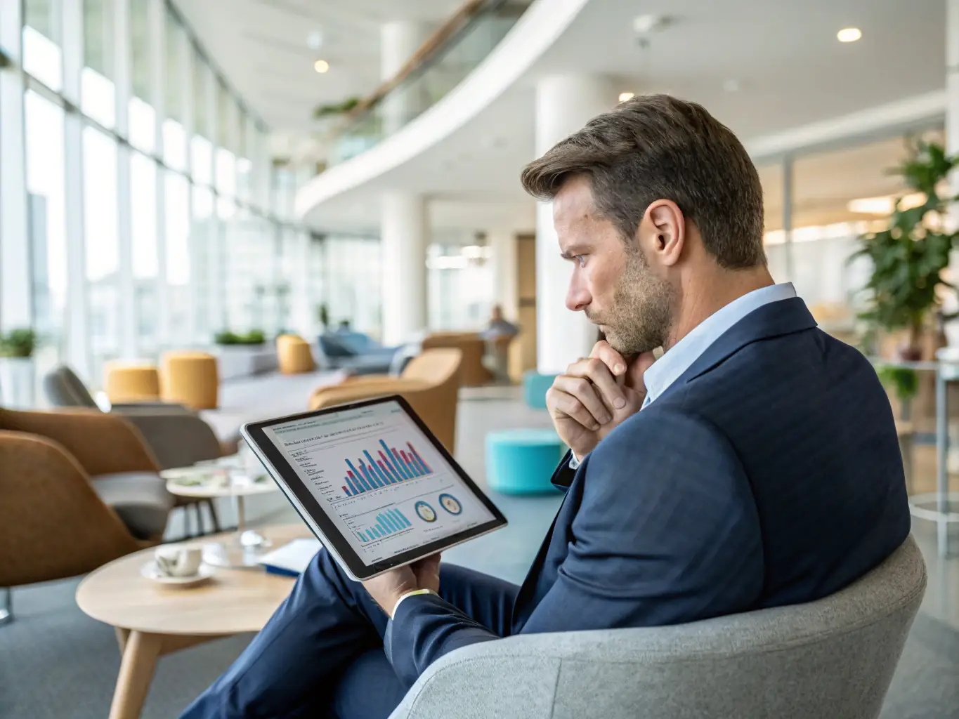 An image of a strategist analyzing marketing data on a digital tablet with charts and graphs, in a modern office setting, representing ZARX Agency's marketing strategy service.