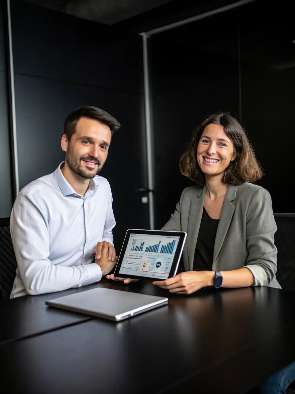 A professional, confident marketing strategist in a blue suit, reviewing data analytics on a tablet, with a modern office background, symbolizing ZARX Agency's strategic marketing approach.