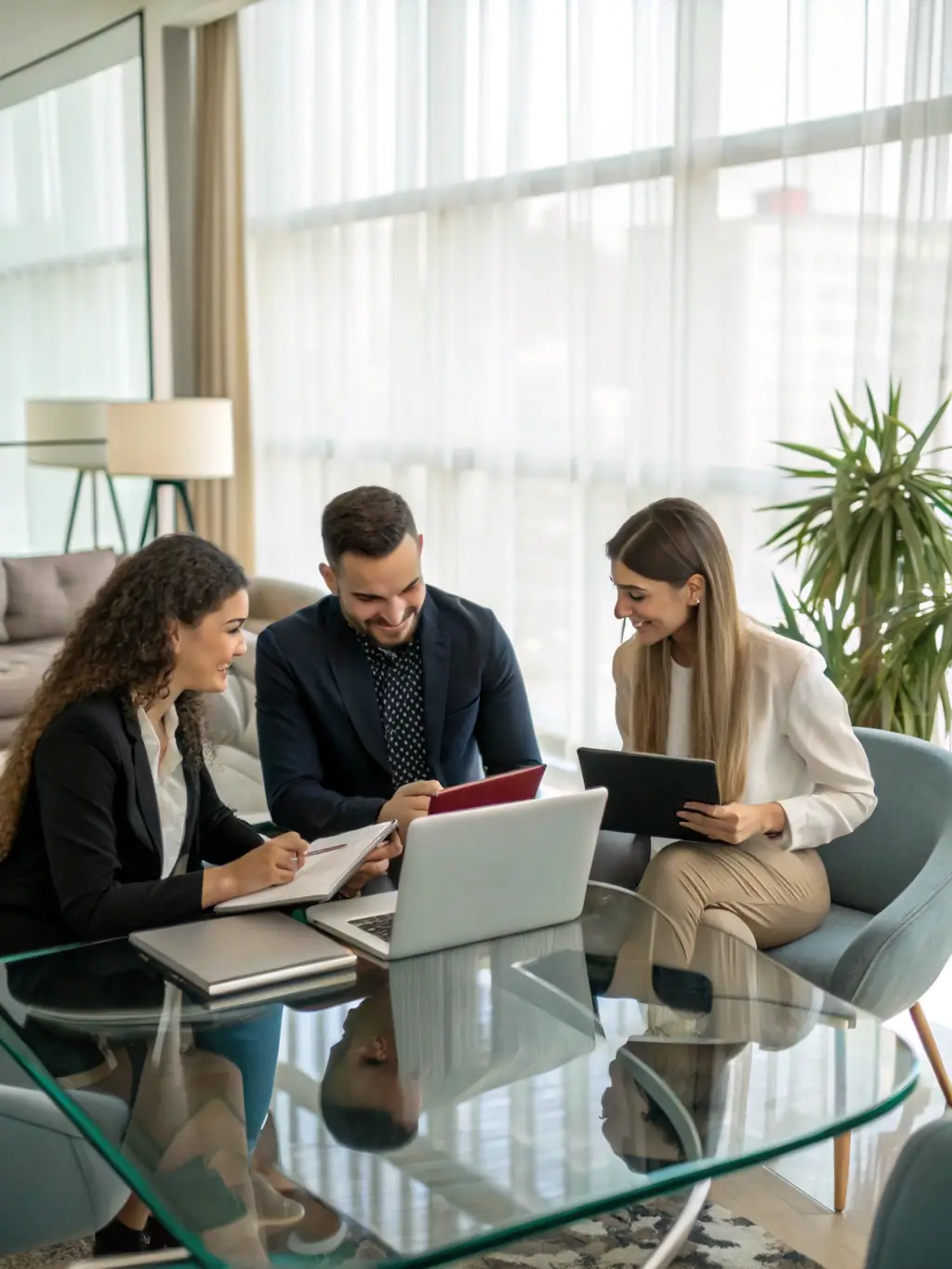 A professional photo of a team brainstorming marketing strategies in a modern office setting, emphasizing collaboration and innovation.