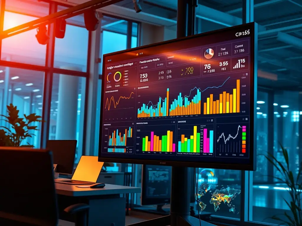 A dynamic dashboard showcasing the performance metrics of Meta and Google ad campaigns, with targeted ad visuals and rising ROI indicators.