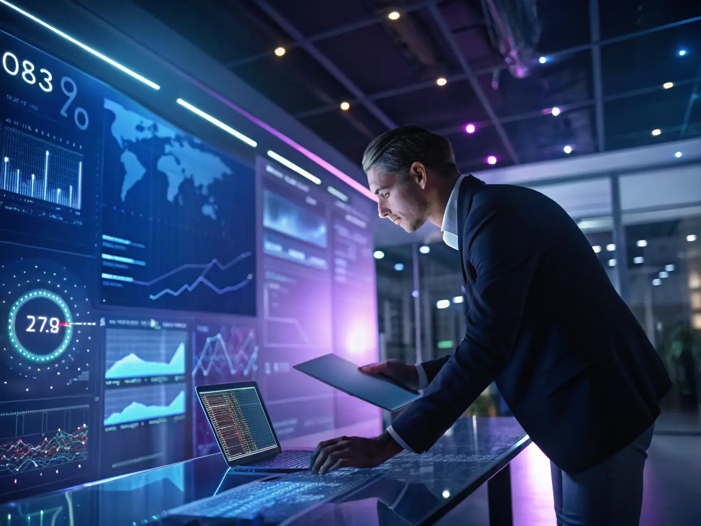 An image depicting various data charts and graphs, symbolizing data analytics, with a person analyzing the data on a large screen in the background.