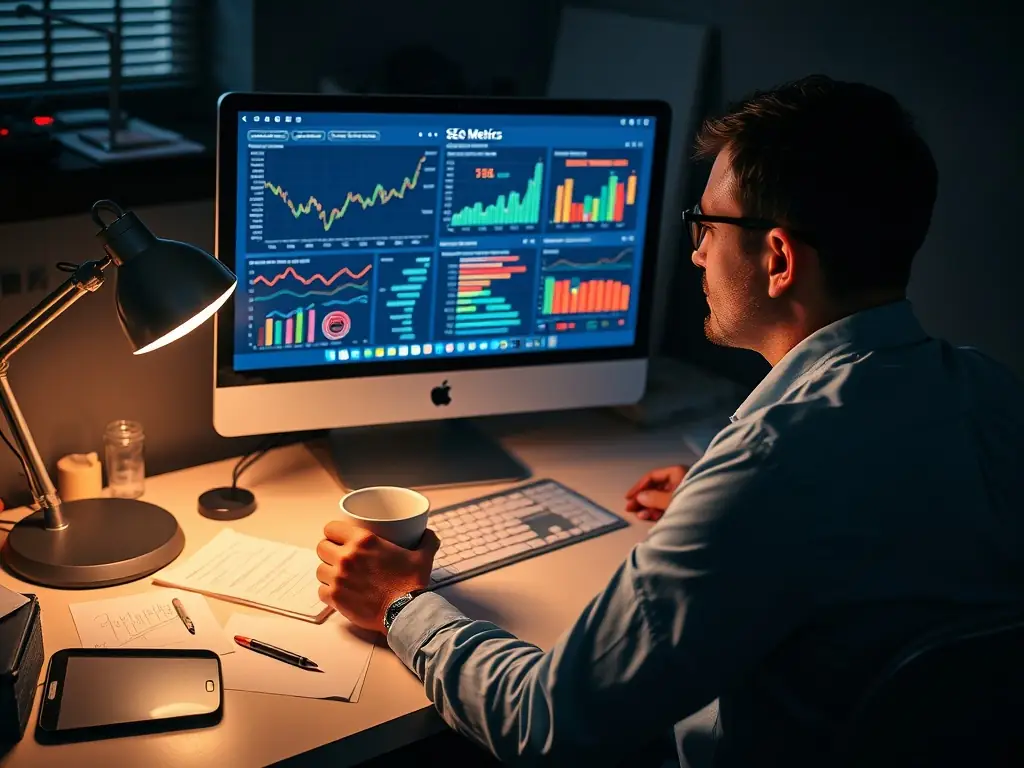 A focused image of a laptop displaying SEO analytics data, highlighting keyword rankings and organic traffic growth, set in a modern office environment.
